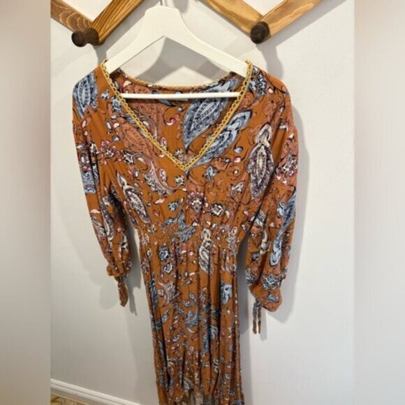 ABEL THE LABEL Paisley Feather Print Hi Low Midi Dress With Tie- Size M - Picture 2 of 9